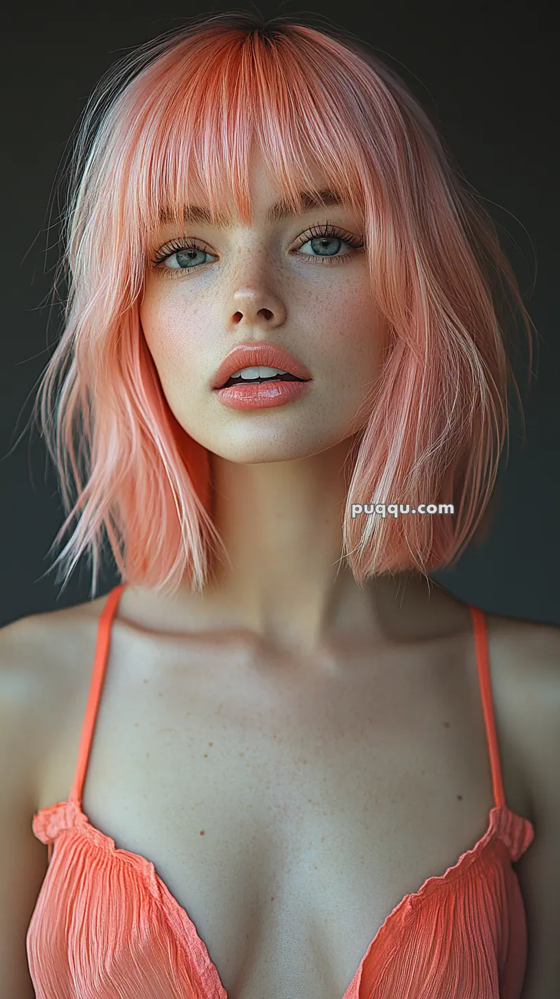 A person with pink hair and blue eyes wearing a coral-colored top.