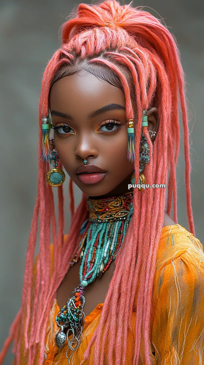 A person with coral-colored braided hair, wearing large beaded earrings and a colorful beaded necklace, dressed in a textured orange garment.