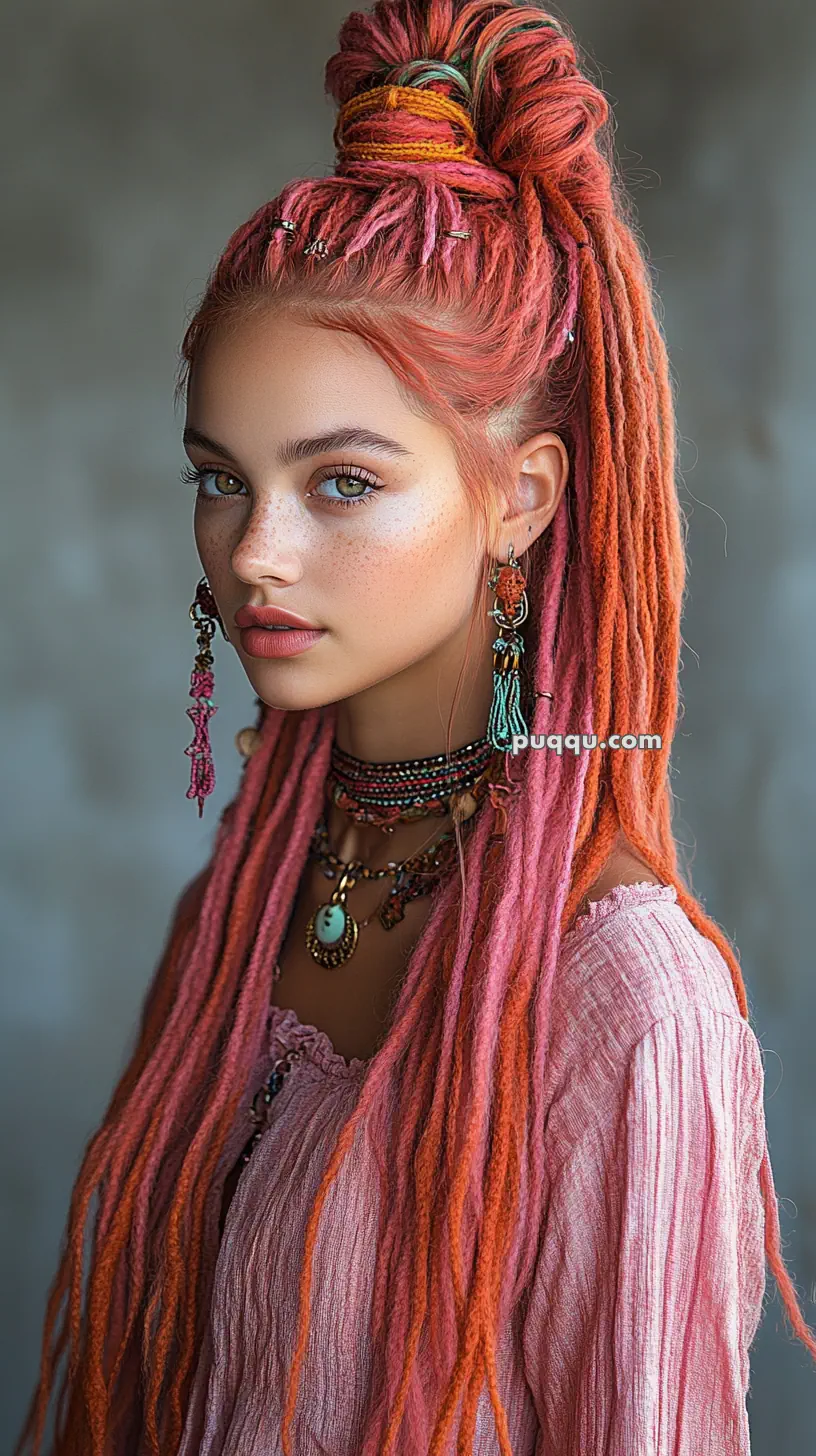 A woman with long, pink dreadlocks styled in a top bun, wearing colorful earrings and layered necklaces, dressed in a pink textured top.