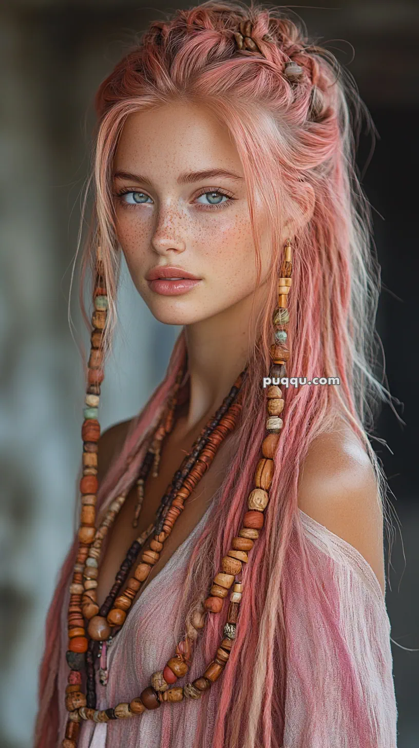 Young woman with long pink hair and beaded accessories.