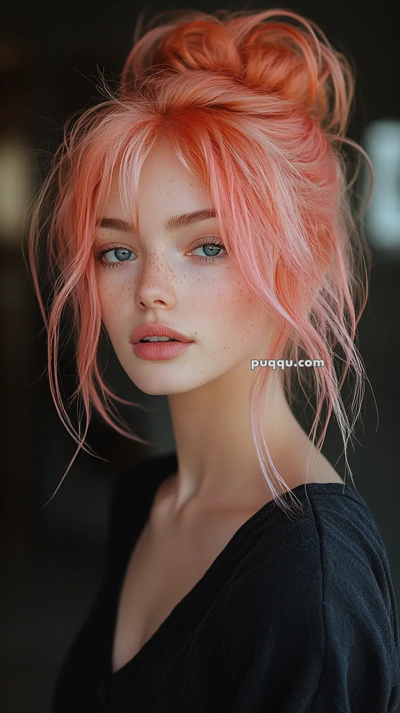 A person with pink hair styled in a messy bun, wearing a black top, looking directly at the camera.