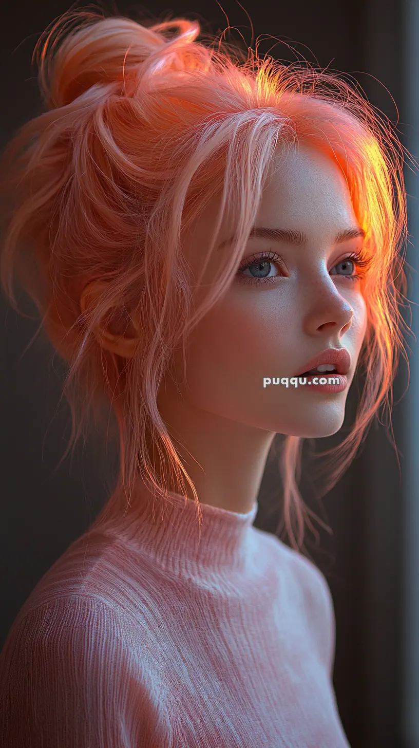 Portrait of a woman with pink hair illuminated by warm light, wearing a pink sweater.