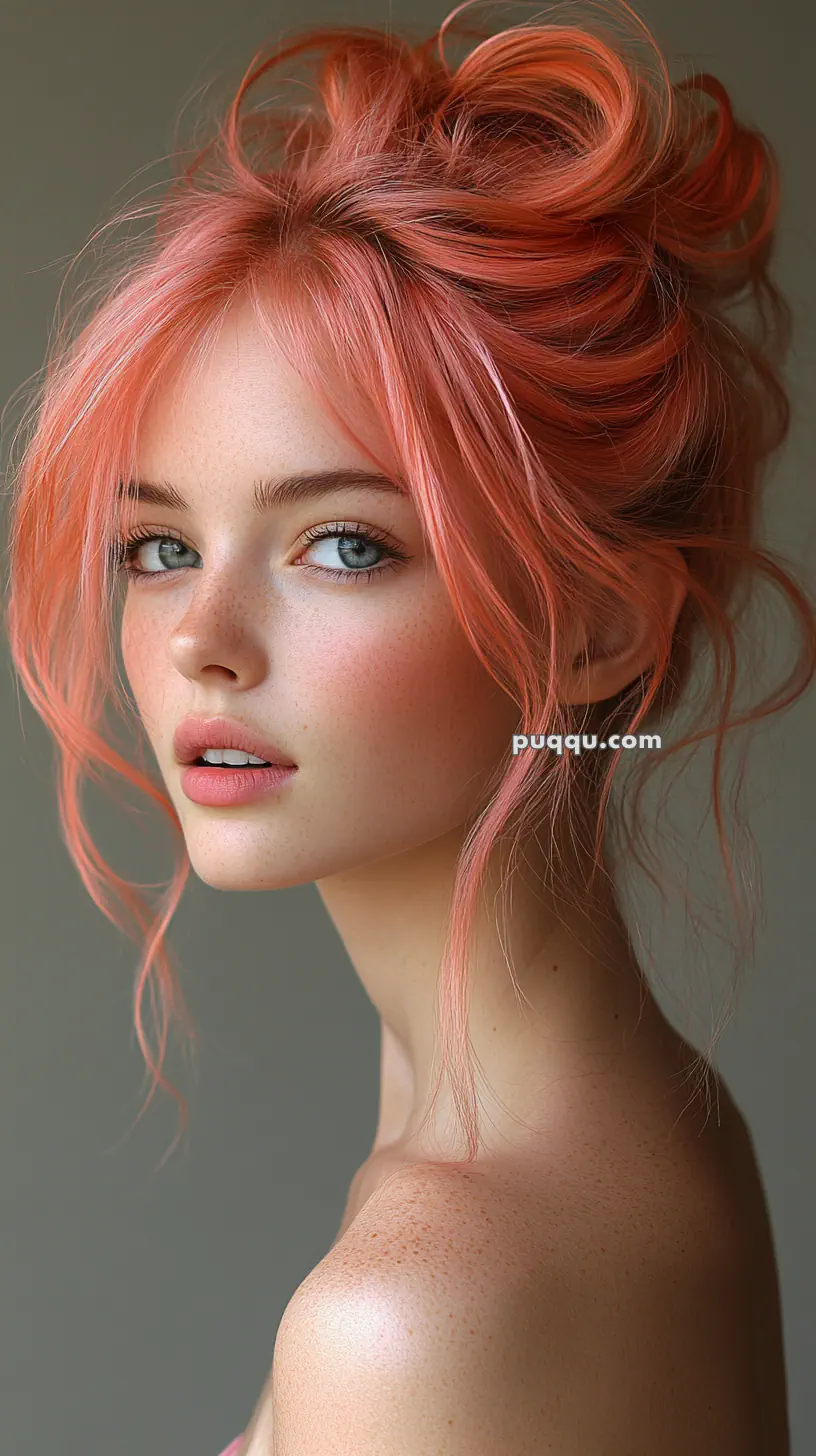 Young woman with pink hair styled in an updo, looking over her shoulder with a neutral expression.