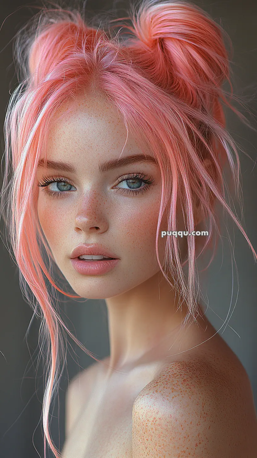 A person with pink hair styled in loose buns, light freckles, and a neutral expression.