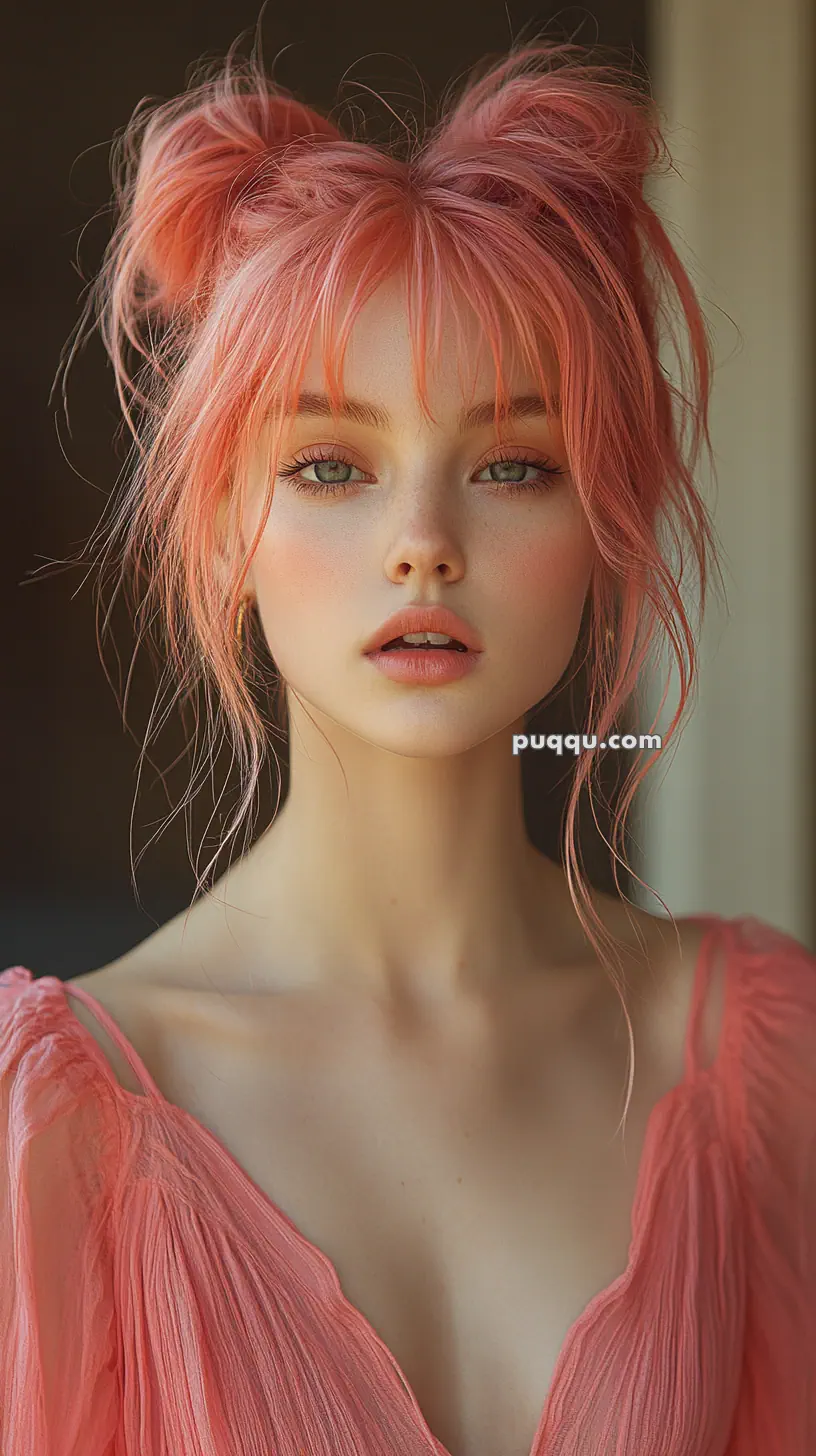 A person with pink hair styled into two buns, wearing a pink outfit, gazing at the camera in soft lighting.