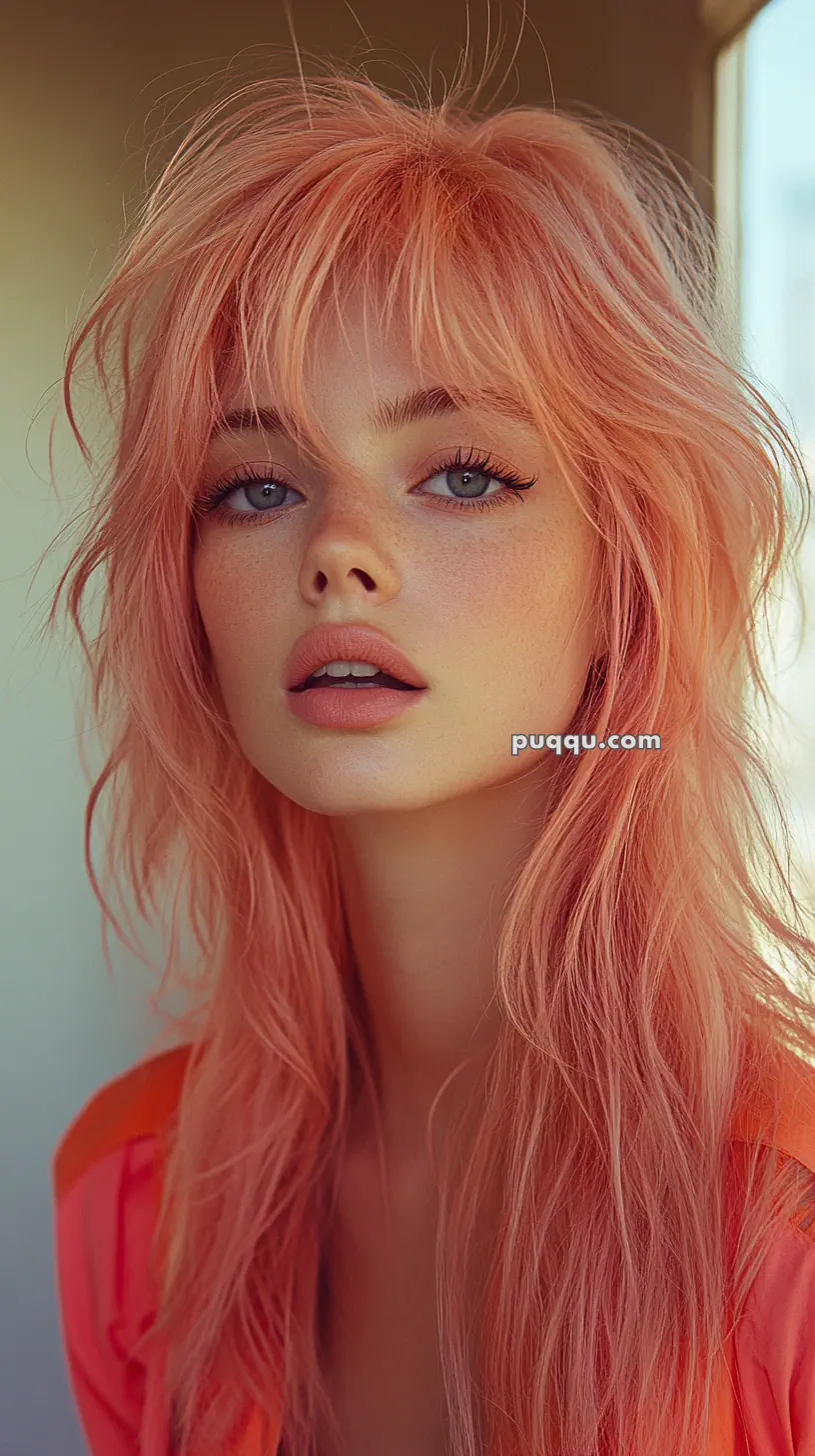 A person with long, peach-colored hair and freckles gazing at the camera in soft lighting.