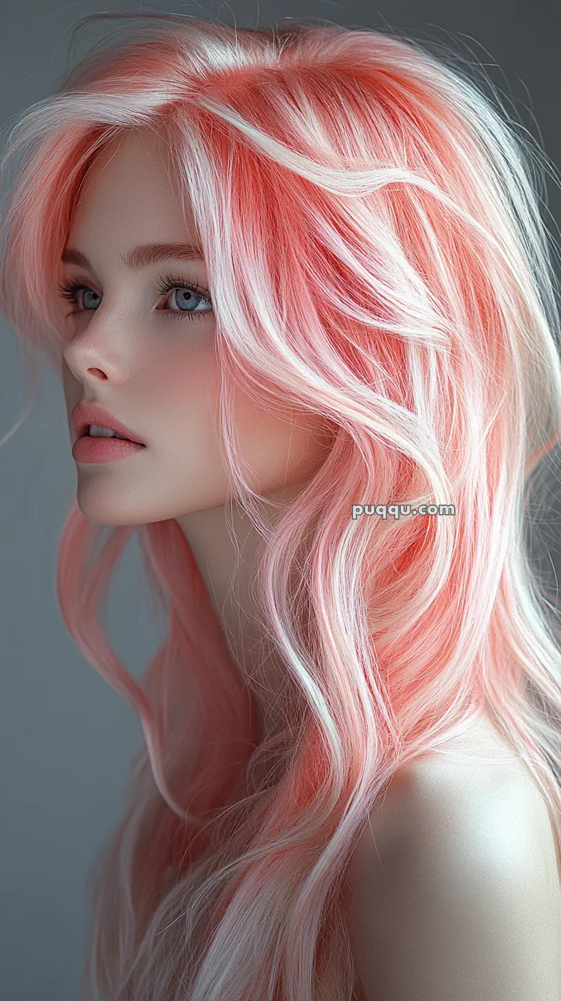 A woman with long, flowing pastel pink hair gazing thoughtfully to the side.