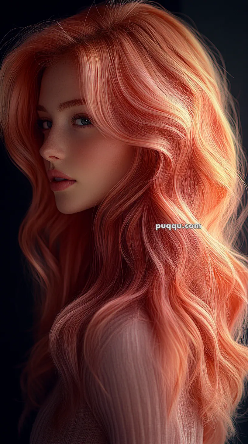 A person with long, wavy, pink hair gazing sideways.