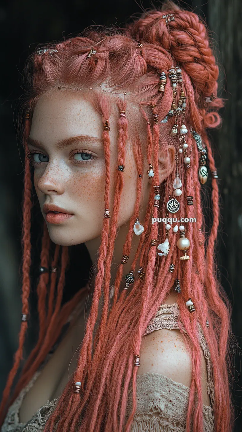 A person with pink braided hair, adorned with various beads and ornaments, dressed in a lace top.