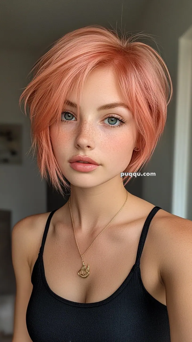 A person with short pink hair and freckles, wearing a black tank top and a gold necklace.