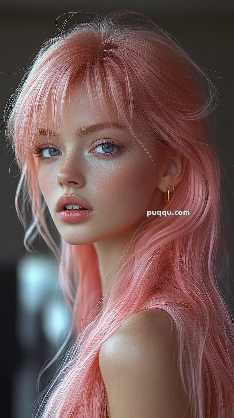 A person with long pink hair, blue eyes, and hoop earrings, gazing sideways.