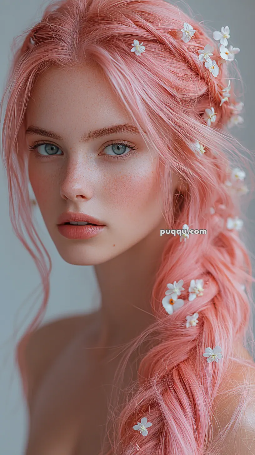 A person with long pink hair adorned with small white flowers, looking directly at the camera.