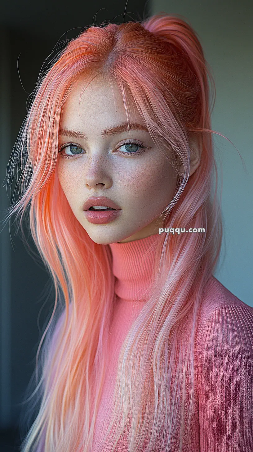 Young woman with long, pink hair and blue eyes, wearing a pink turtleneck sweater.