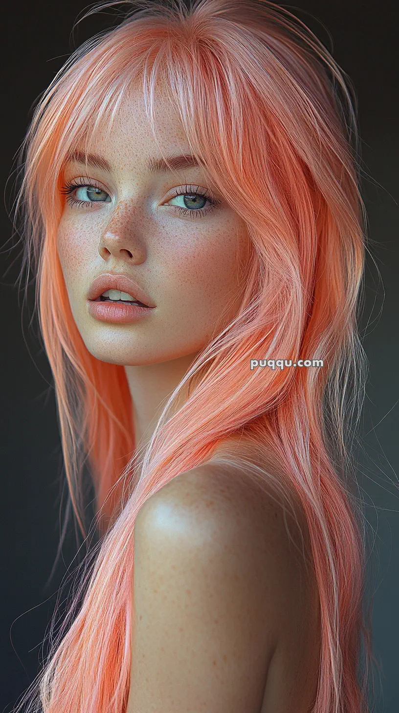 A person with long peach-colored hair and freckles looks over their shoulder.