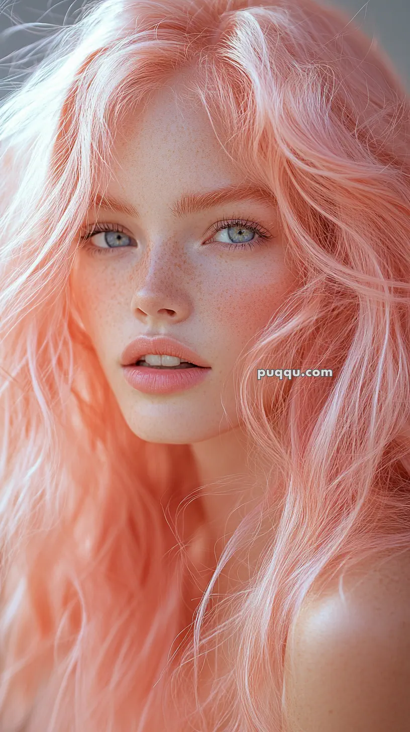 Woman with long pink hair and freckles, looking directly at the camera.