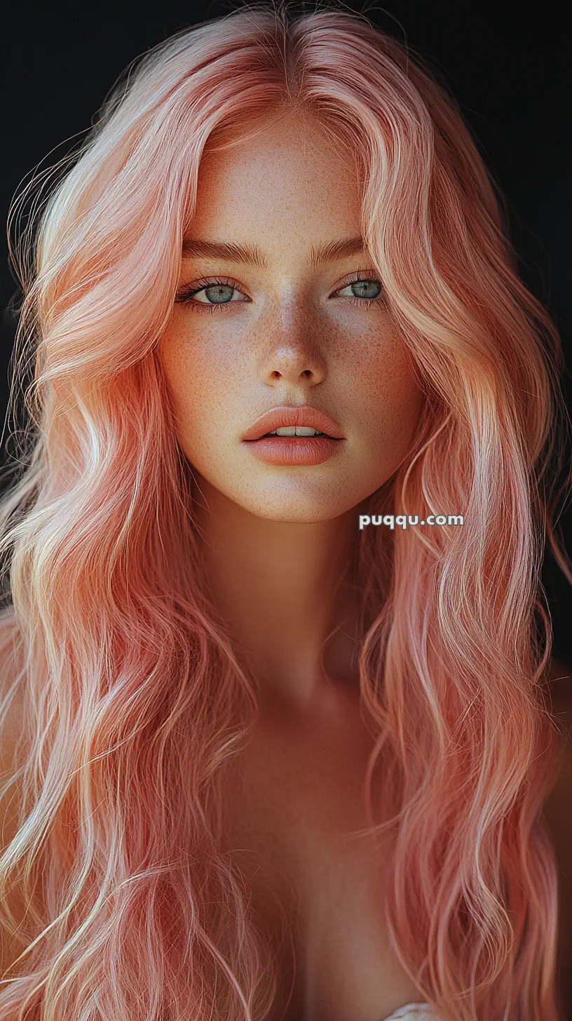 Portrait of a woman with long, wavy pink hair, light blue eyes, and freckles.