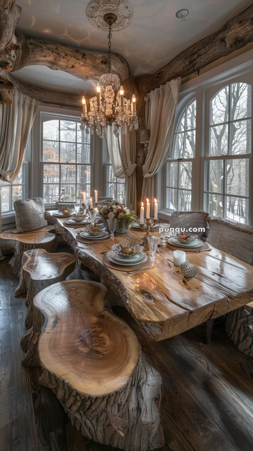 Rustic dining room with a live edge wooden table and benches, a chandelier, and large windows with white curtains.