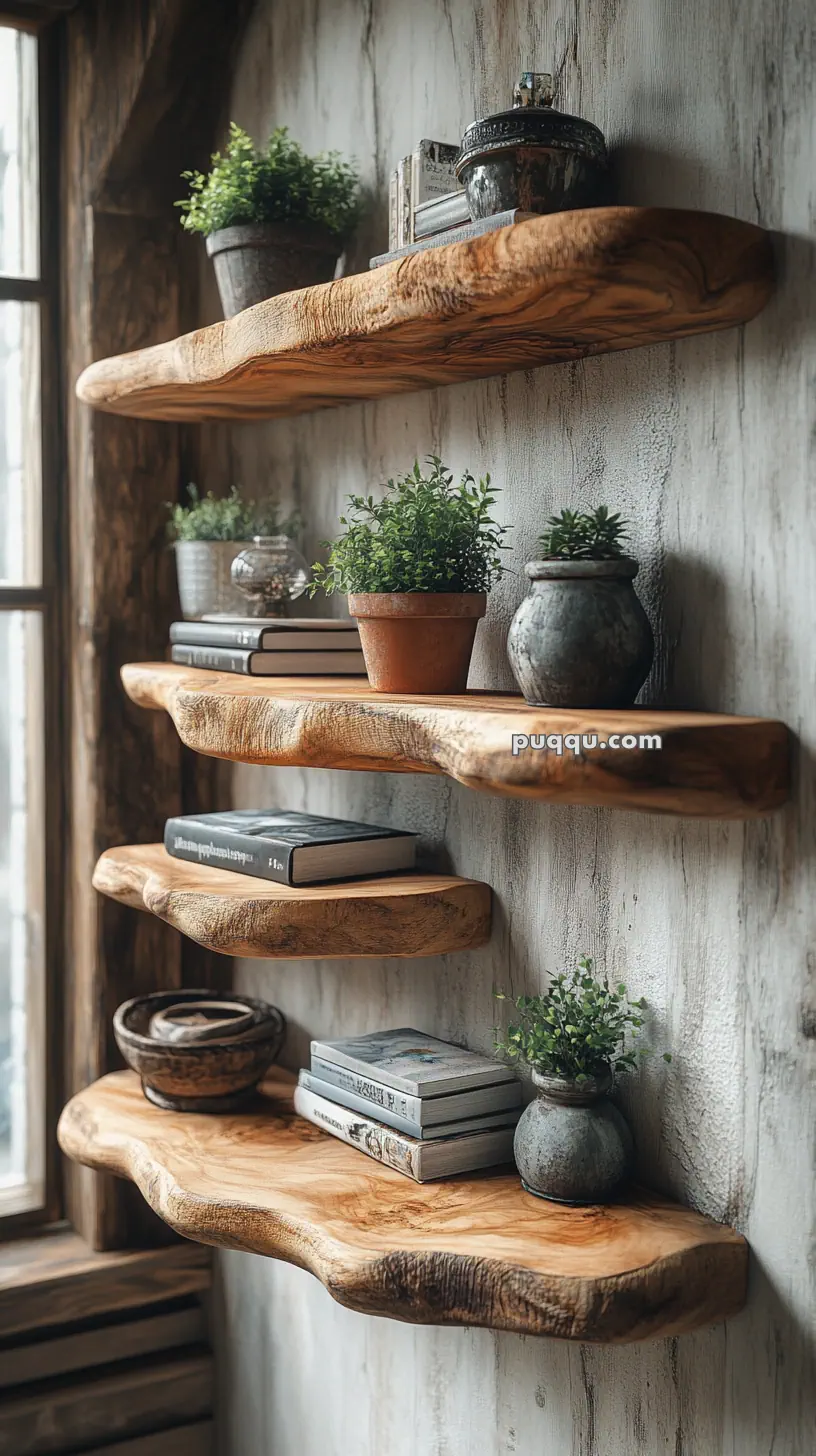 Wooden floating shelves with potted plants and books against a rustic wall.