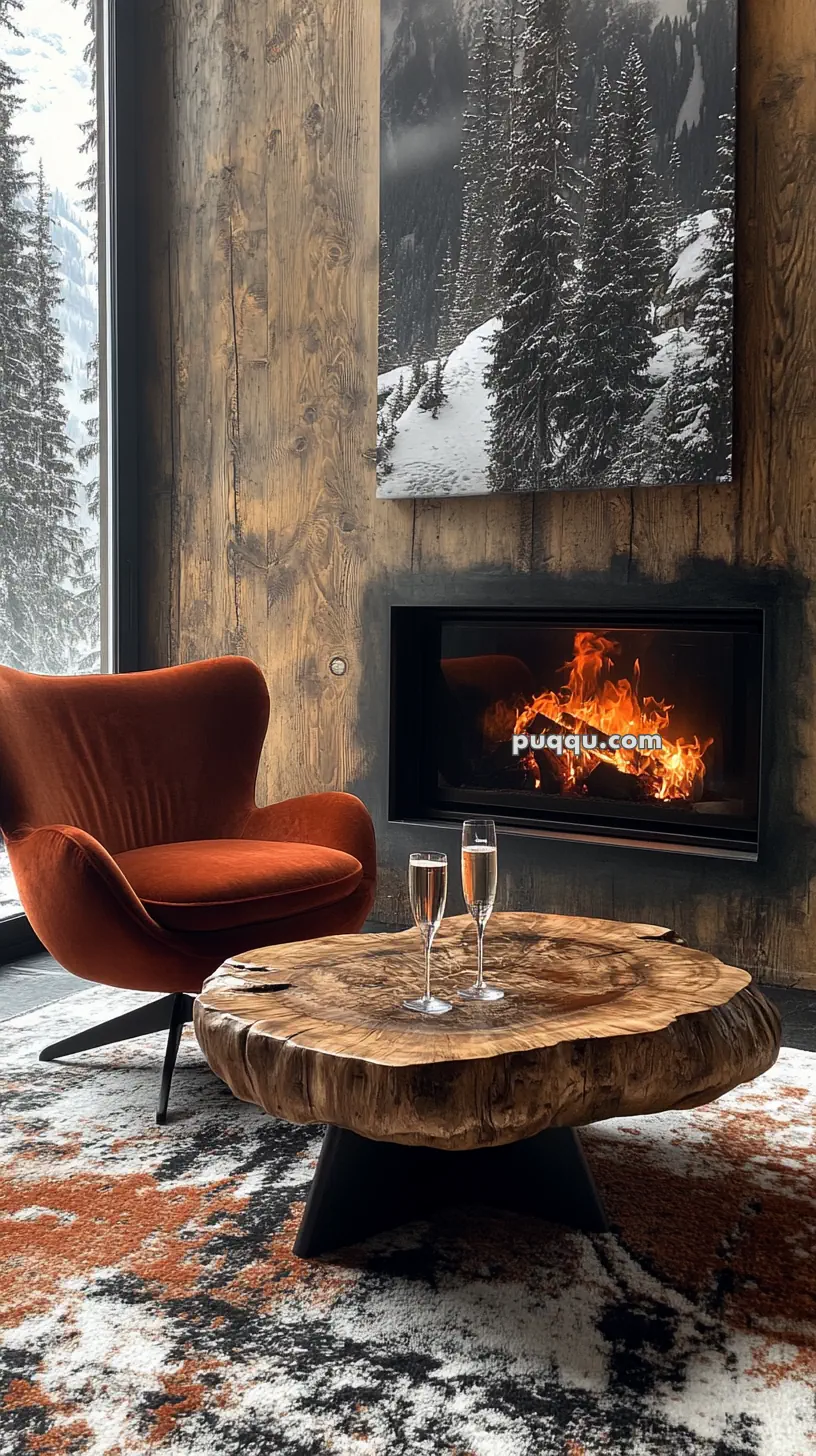 Cozy living room with an orange chair, wooden table, champagne glasses, and a fireplace, with snowy trees visible through the window.