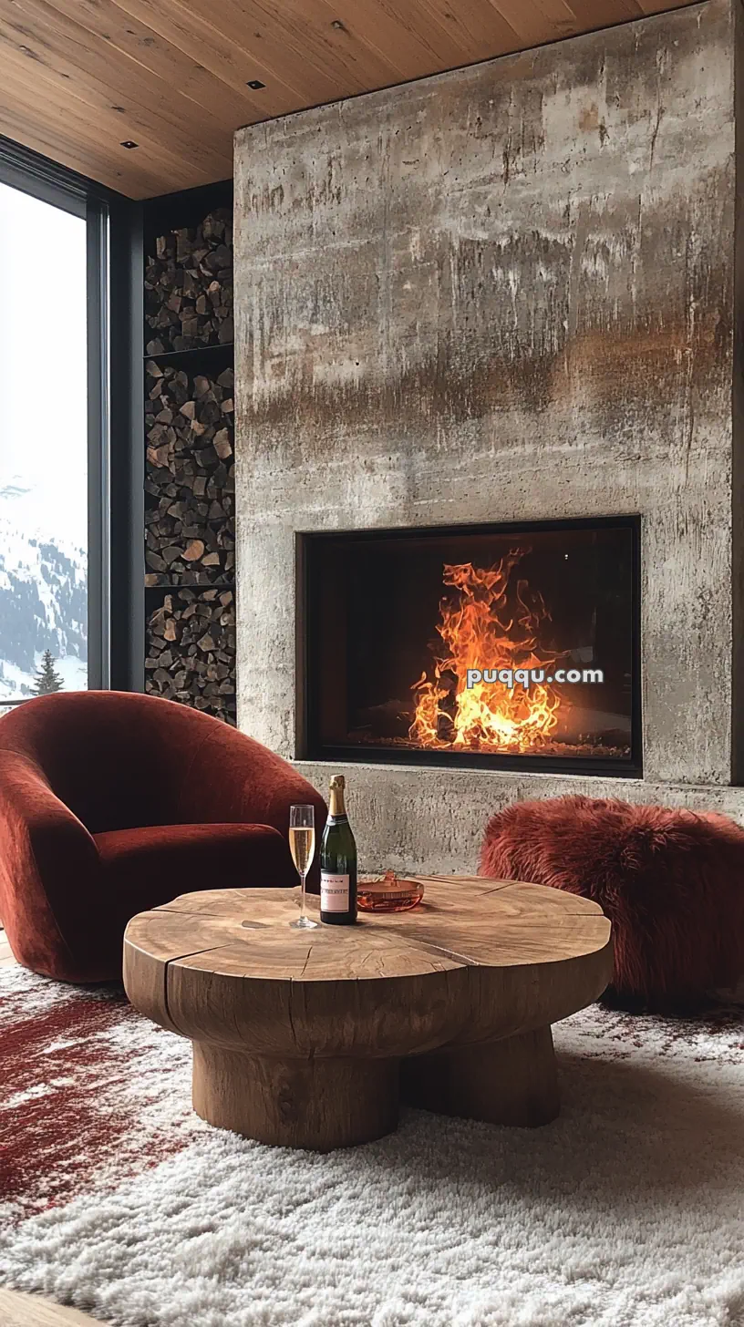 Cozy living room with a modern fireplace, a plush red chair, a wooden coffee table with a champagne bottle and glass, with a snowy mountain view through the window.