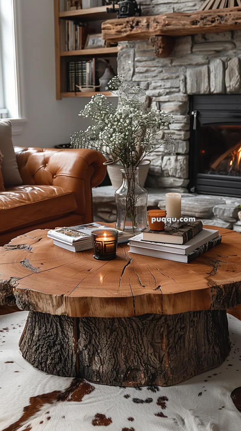 Rustic living room with a wooden slab coffee table, a leather couch, and a stone fireplace.