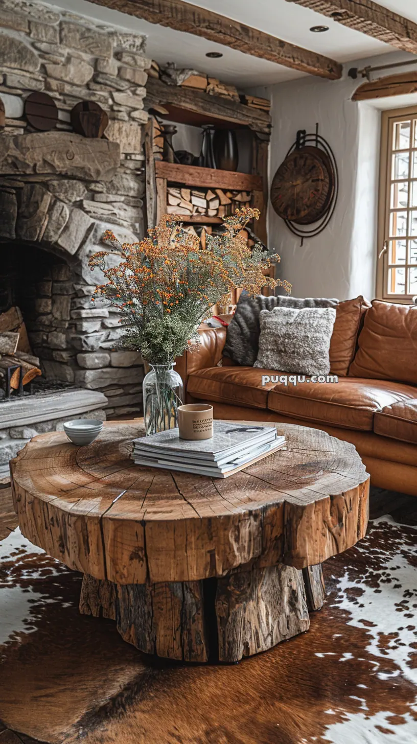 Rustic living room with a stone fireplace, leather sofa, wooden coffee table with flowers, books, and a candle on a cowhide rug.