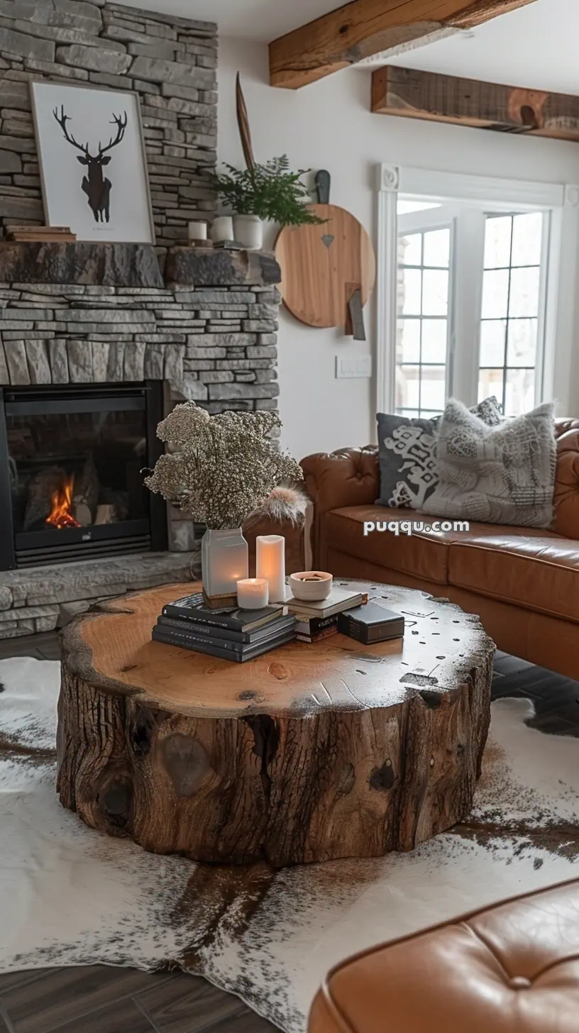 Cozy living room with a stone fireplace, a large wood stump coffee table, candles, and a leather couch.