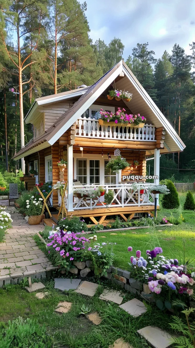 Charming log cabin with a garden and flowers on the porch, surrounded by tall pine trees.