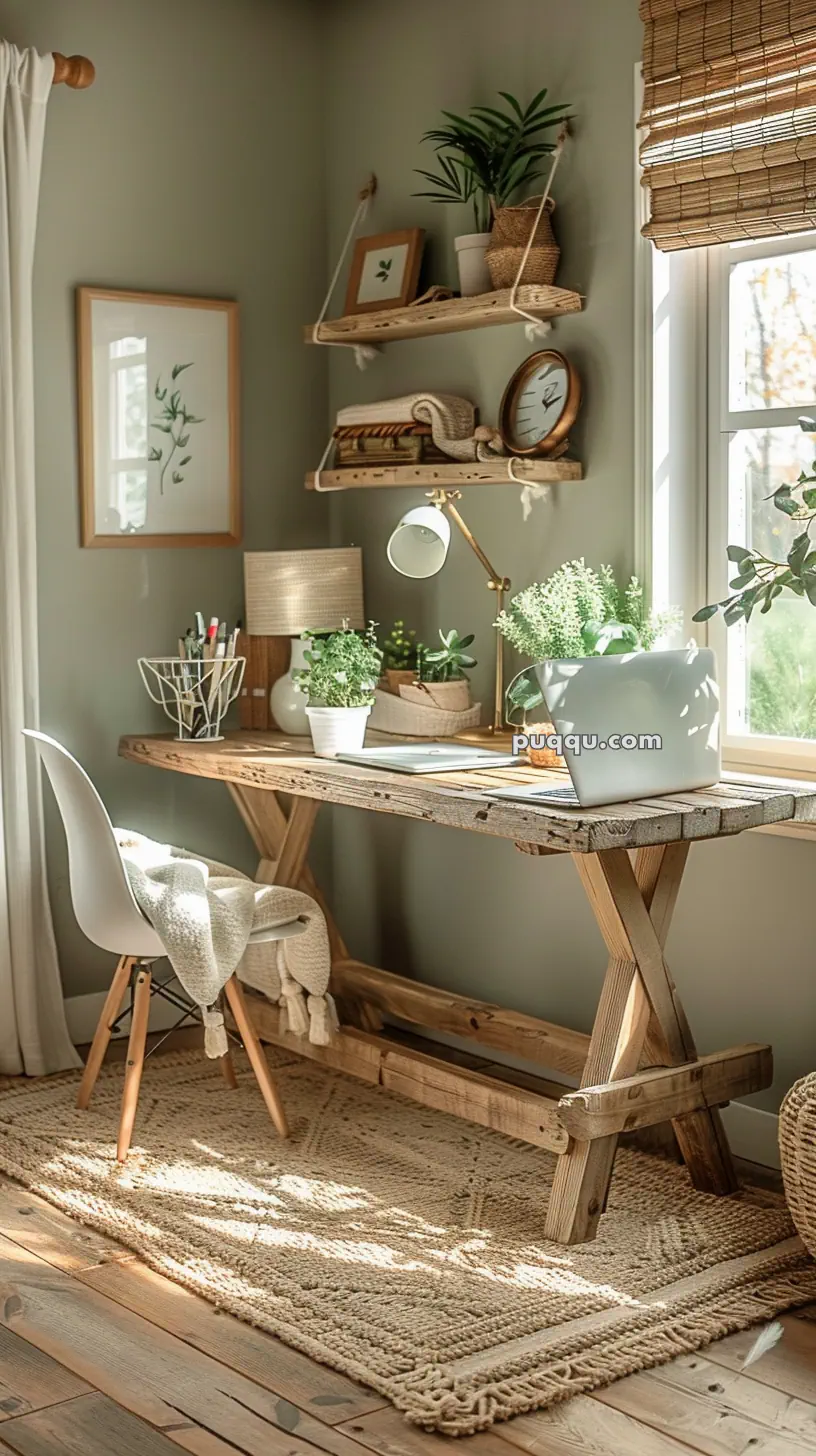 Cozy home office with rustic wood desk, potted plants, a table lamp, and a minimalist chair on a woven rug, bathed in natural light from a nearby window.