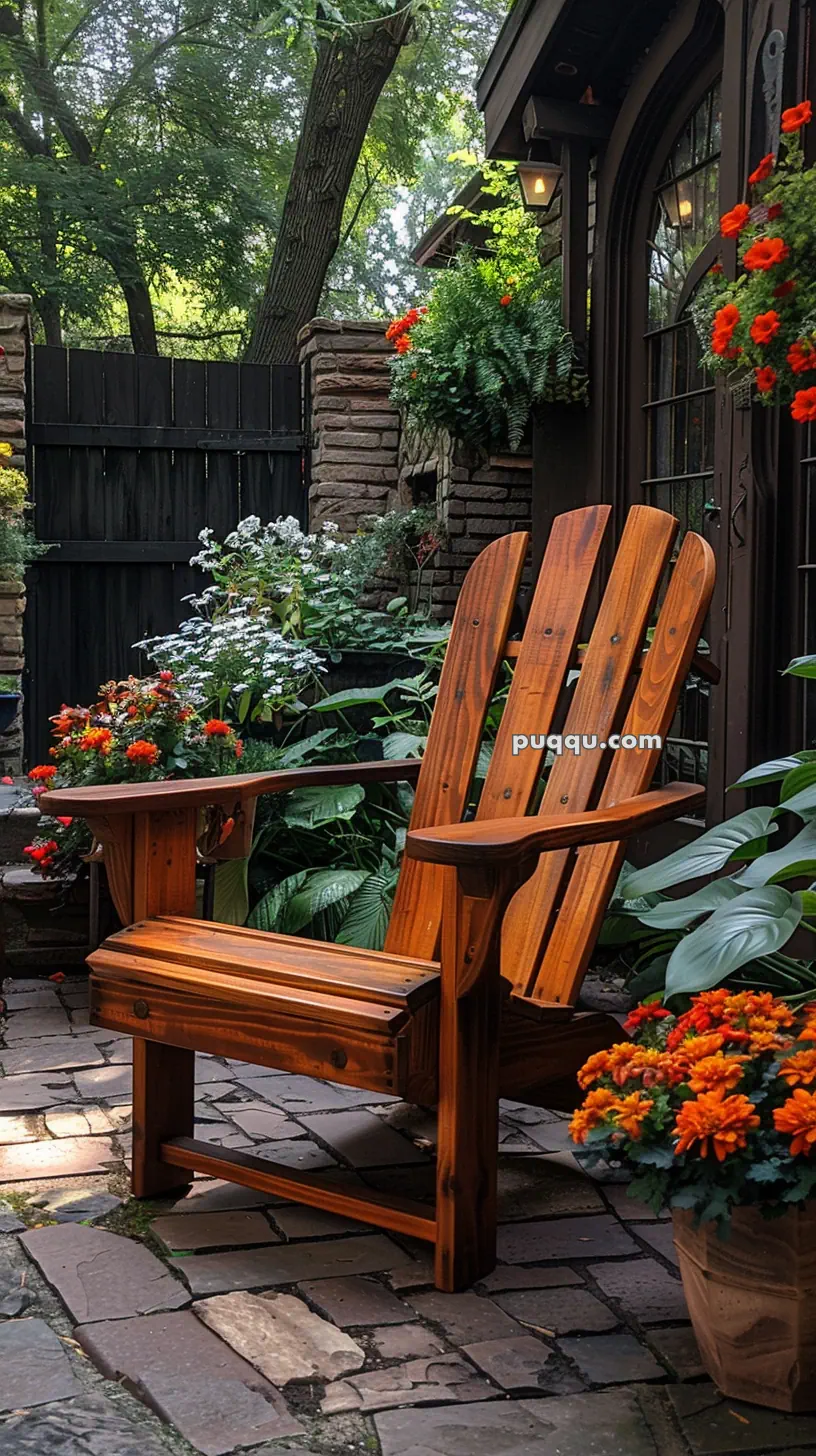 Wooden Adirondack chair in a garden setting with potted flowers and lush greenery.