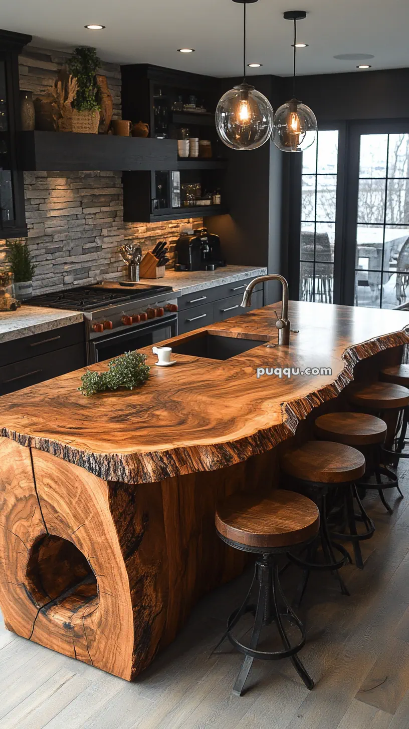 Rustic kitchen with a large, live-edge wooden island, four round wooden stools, stone backsplash, and pendant lights.