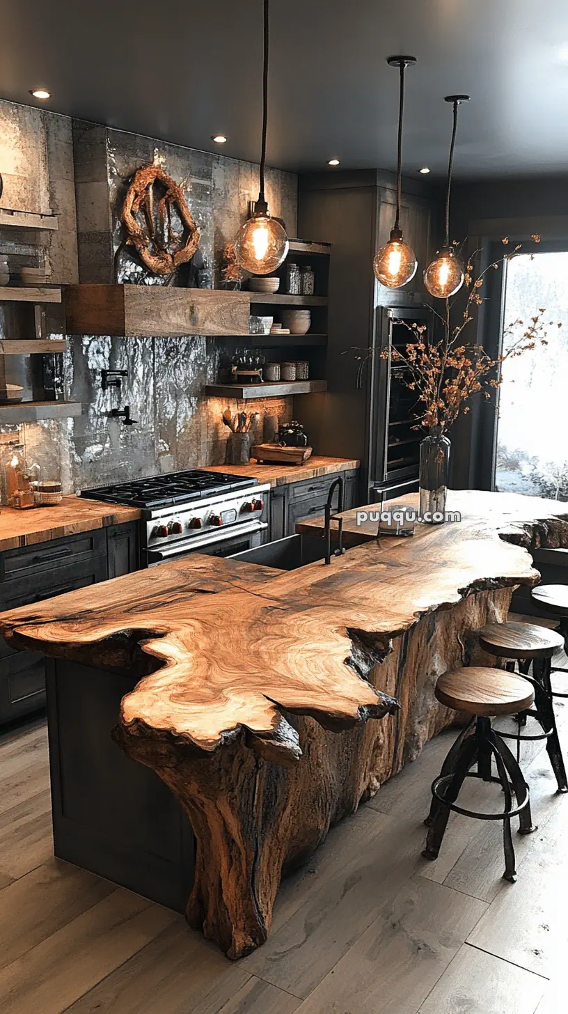 Rustic kitchen with live edge wood countertops, pendant lights, black cabinetry, and open shelving.