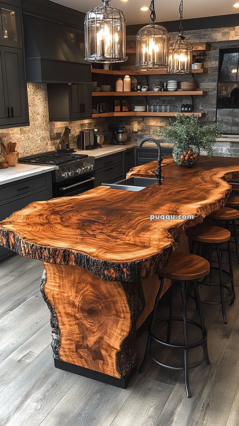 Rustic kitchen with a live-edge wood island, industrial pendant lights, dark cabinetry, stone backsplash, and open shelving.