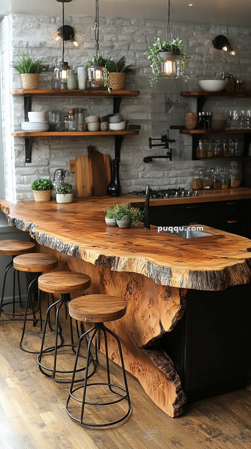 Rustic kitchen with a live edge wooden countertop, bar stools, exposed brick walls, shelves with plants, and hanging light fixtures.