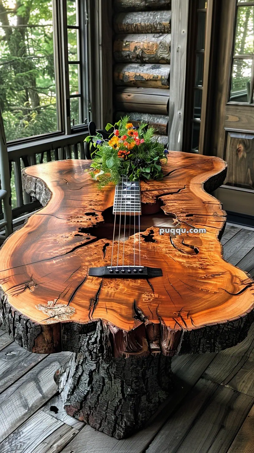 A rustic wooden table shaped like a guitar with intricate grain patterns, featuring a floral arrangement on top, situated in a log cabin room with large windows.