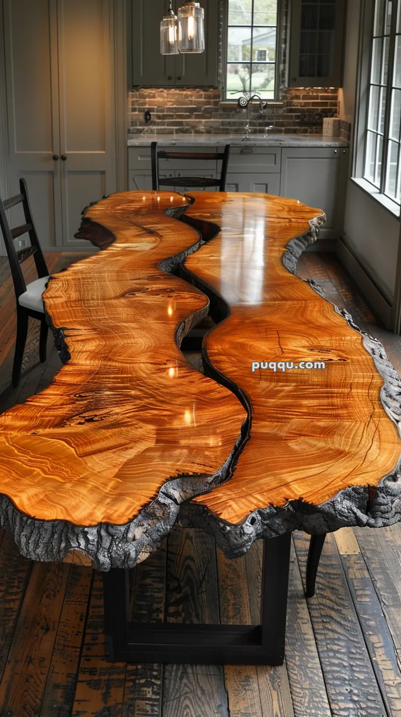 Live edge wood dining table with a glossy finish and natural curves, set in a kitchen with brick backsplash and pendant lighting.