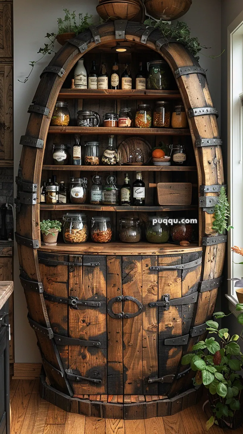 Rustic cabinet made from a wooden barrel, displaying various jars, bottles, and plants.