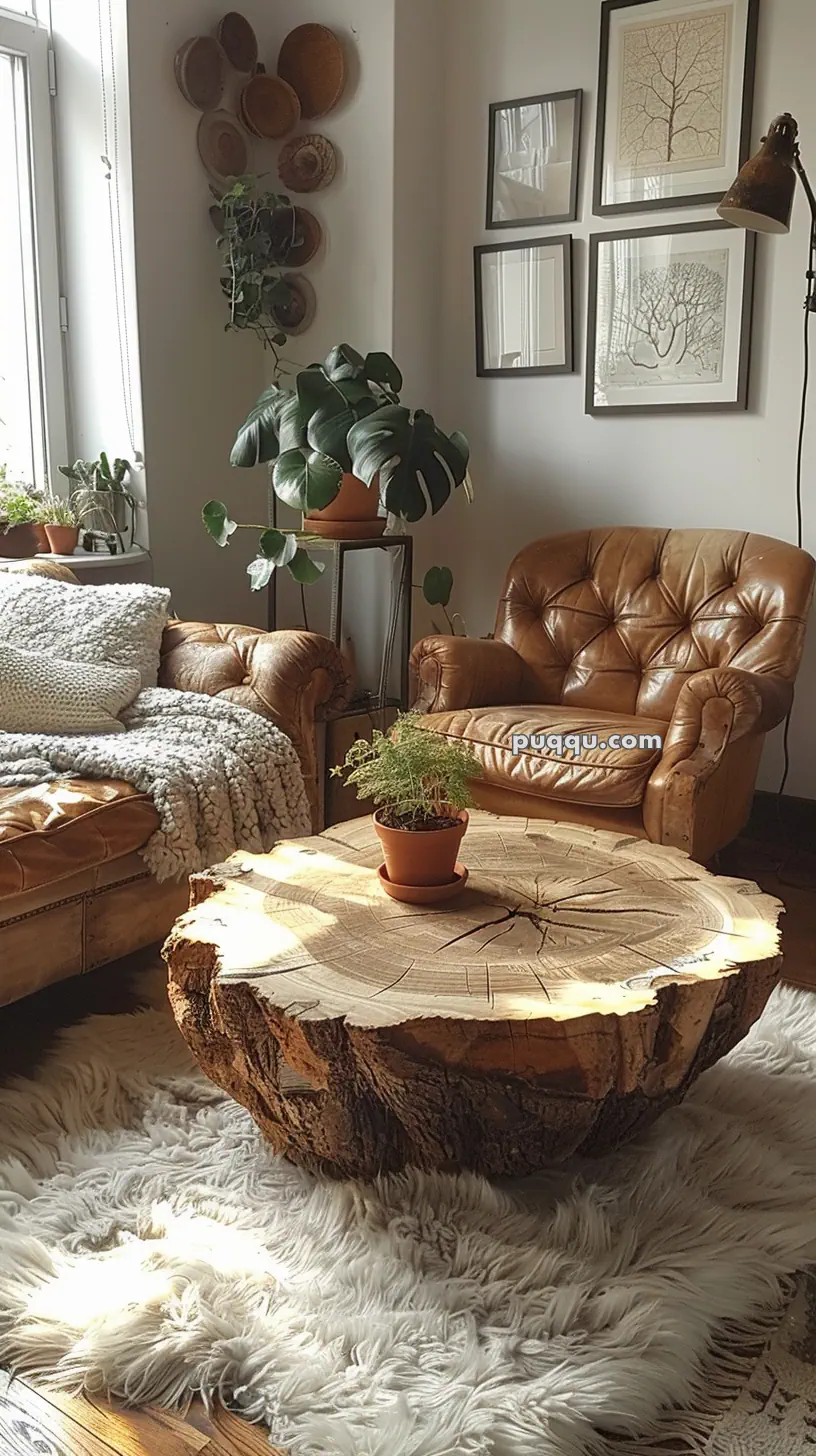 Cozy living room with a leather armchair and sofa, wooden slice coffee table, potted plants, wall art, and soft fur rug.