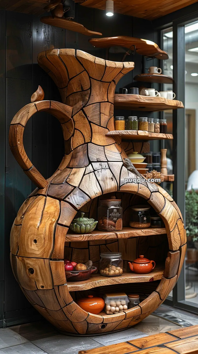 Wooden shelves shaped like a jug, holding various jars and kitchen items.