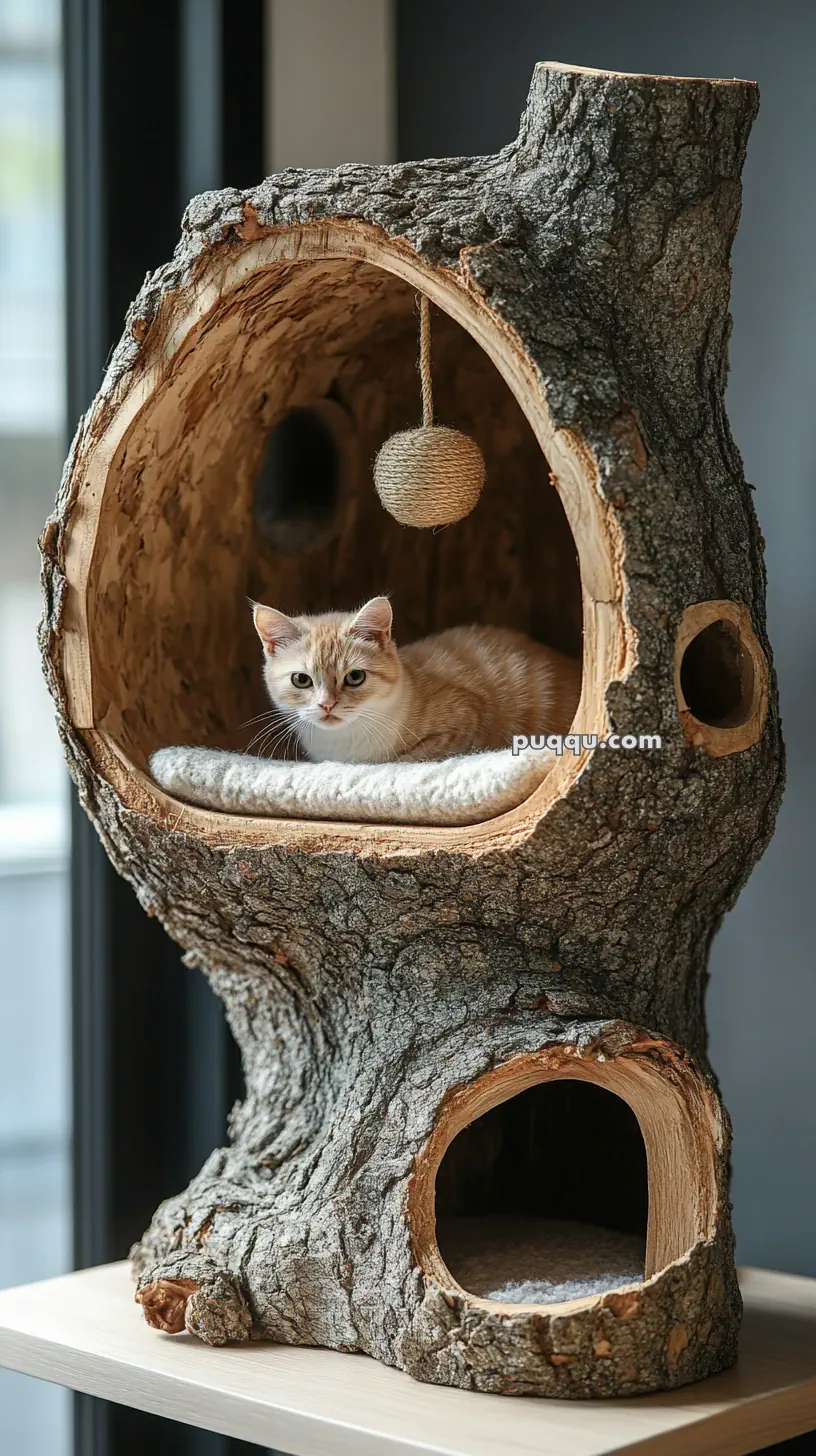 A cat sitting inside a hollowed-out tree trunk cat house with a hanging toy ball.