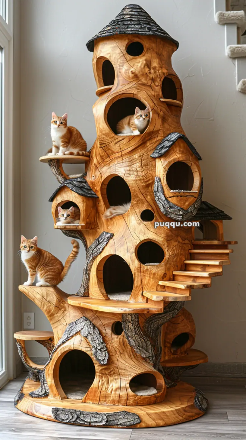 A wooden cat tree resembling a whimsical treehouse with multiple platforms and openings, featuring four ginger cats perched on different levels.