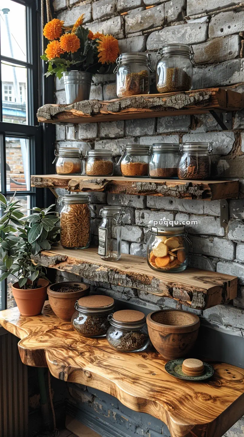 Rustic kitchen shelves with jars of grains, dried pasta, and cookies, alongside wooden bowls and orange flowers, against a brick wall.