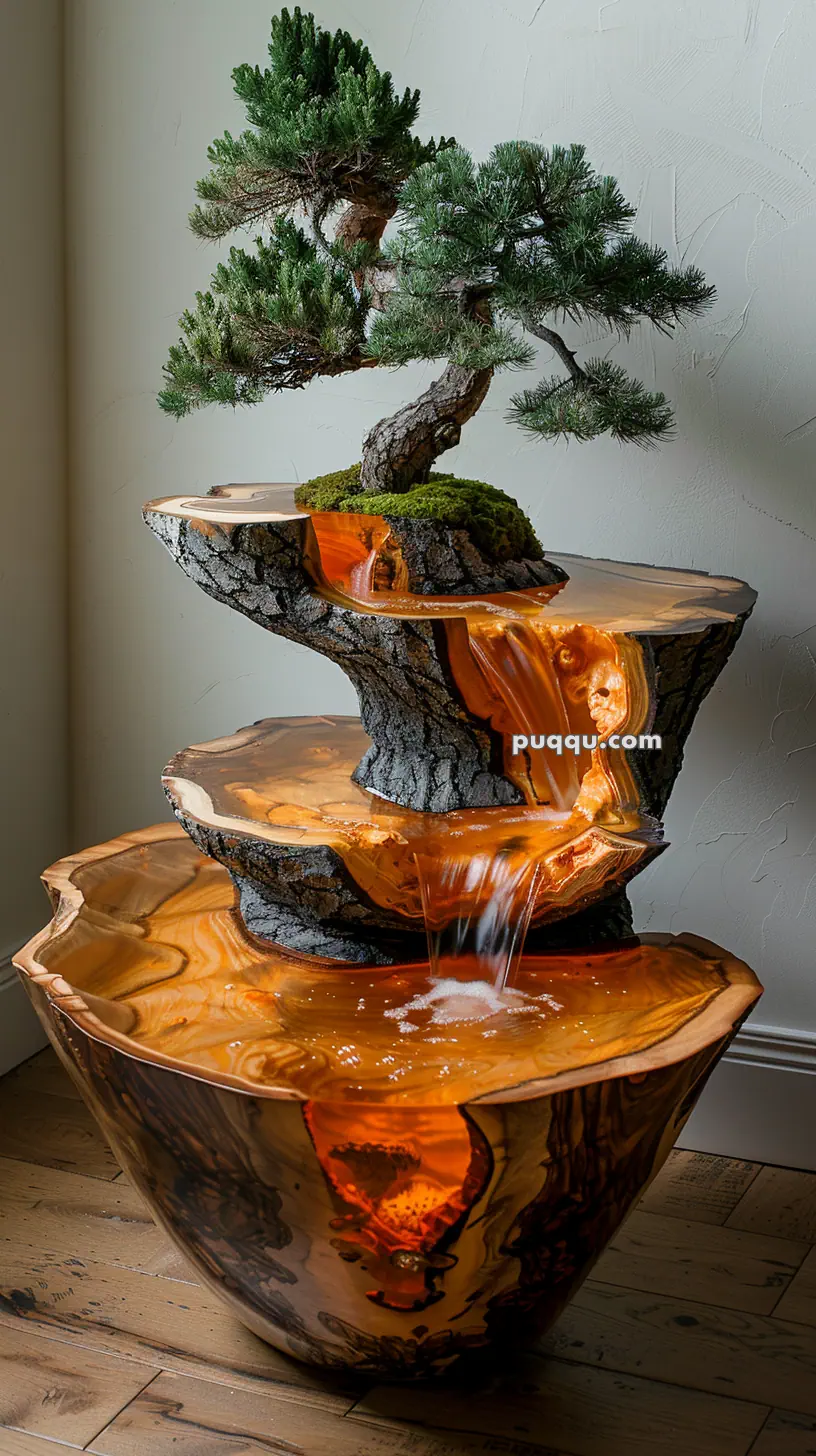 A cascading wooden fountain sculpture featuring a bonsai tree at the top with water flowing through carved layers.