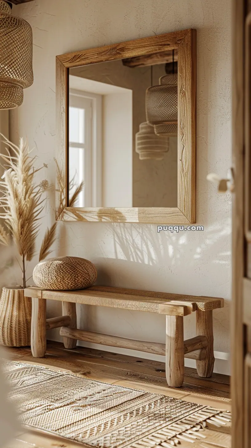 A cozy corner featuring a wooden bench, large mirror, woven basket, dried plants, and a textured rug, all with natural tones.