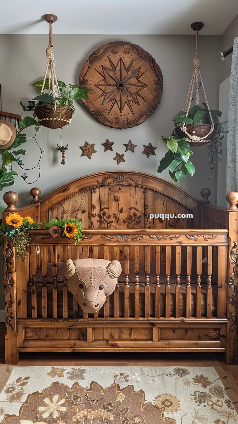 Rustic wooden crib with carved details, hanging plants, a decorative compass wall piece, star-shaped accents, and a patterned rug.