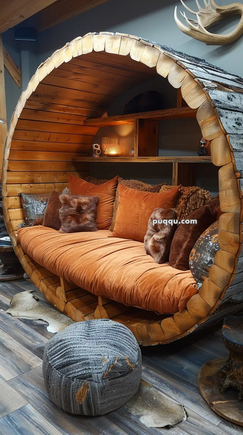 Rustic cozy nook with a wooden log design, orange cushions, and decorative pillows, featuring antlers and a wooden stool in the background.