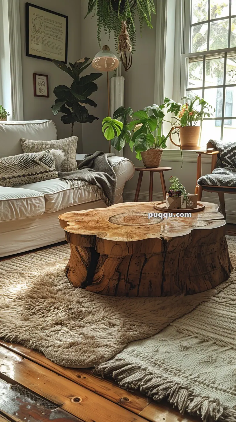 Cozy living room with a white sofa, wooden stump coffee table, indoor plants, and soft rugs.