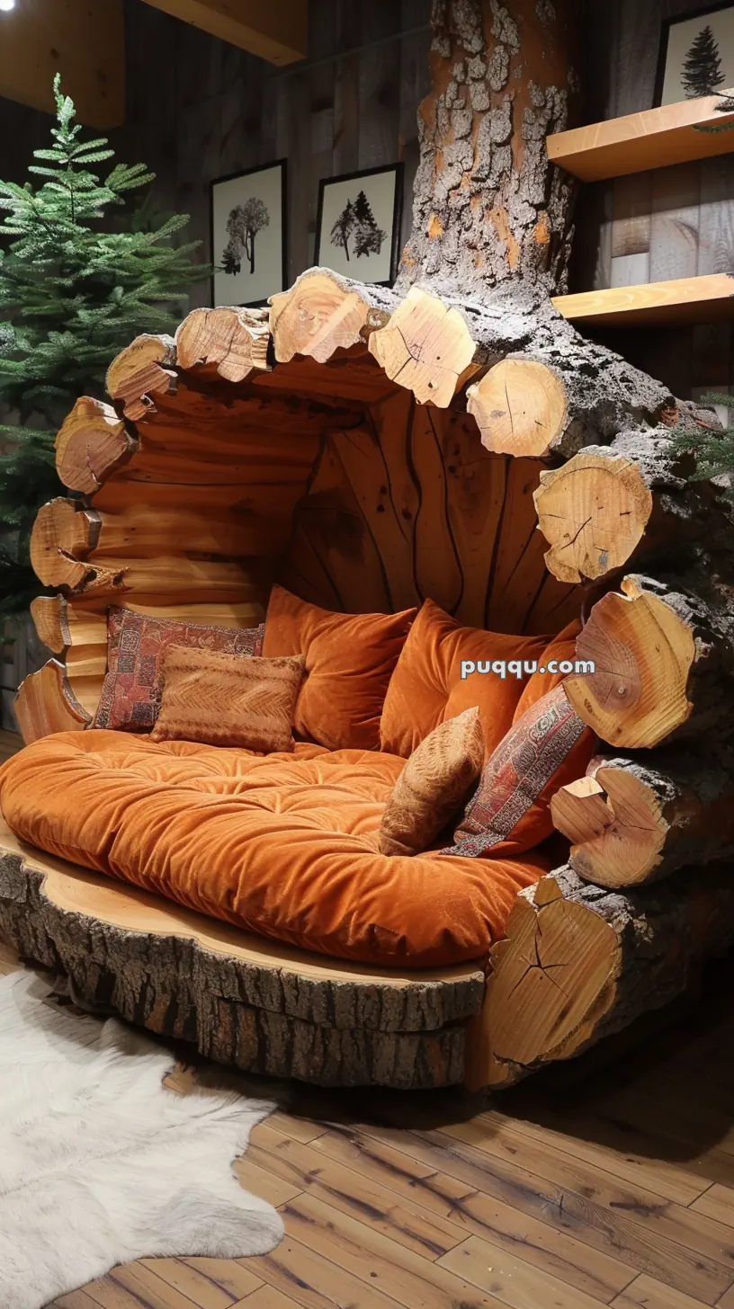 Cozy seating area inside a large, hollow tree trunk with orange cushions and pillows, surrounded by rustic decor and pine tree art.