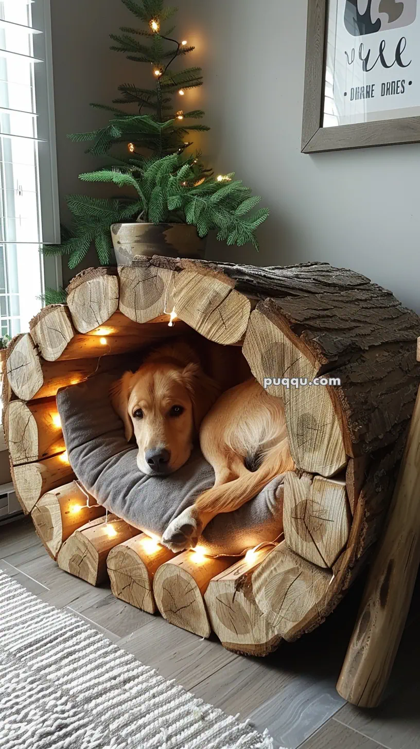 Dog lying inside a log-shaped dog bed with string lights, next to a small decorated tree.