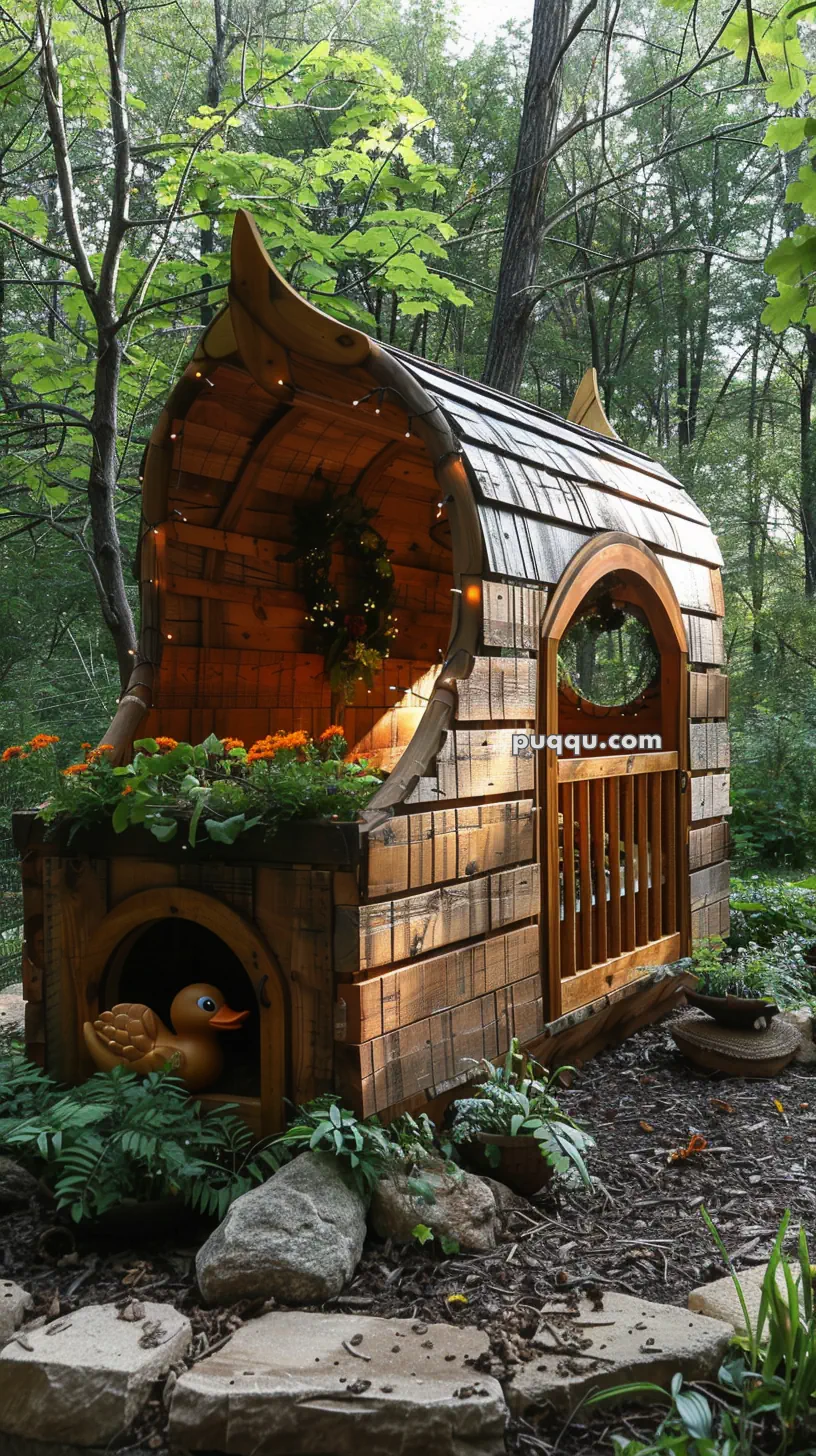 Wooden garden cabin in forest with plants, decorative lights, and a small duck statue.